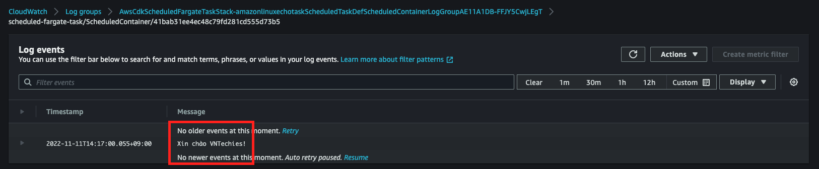 Log được tạo bởi tác vụ Fargate được lên lịch