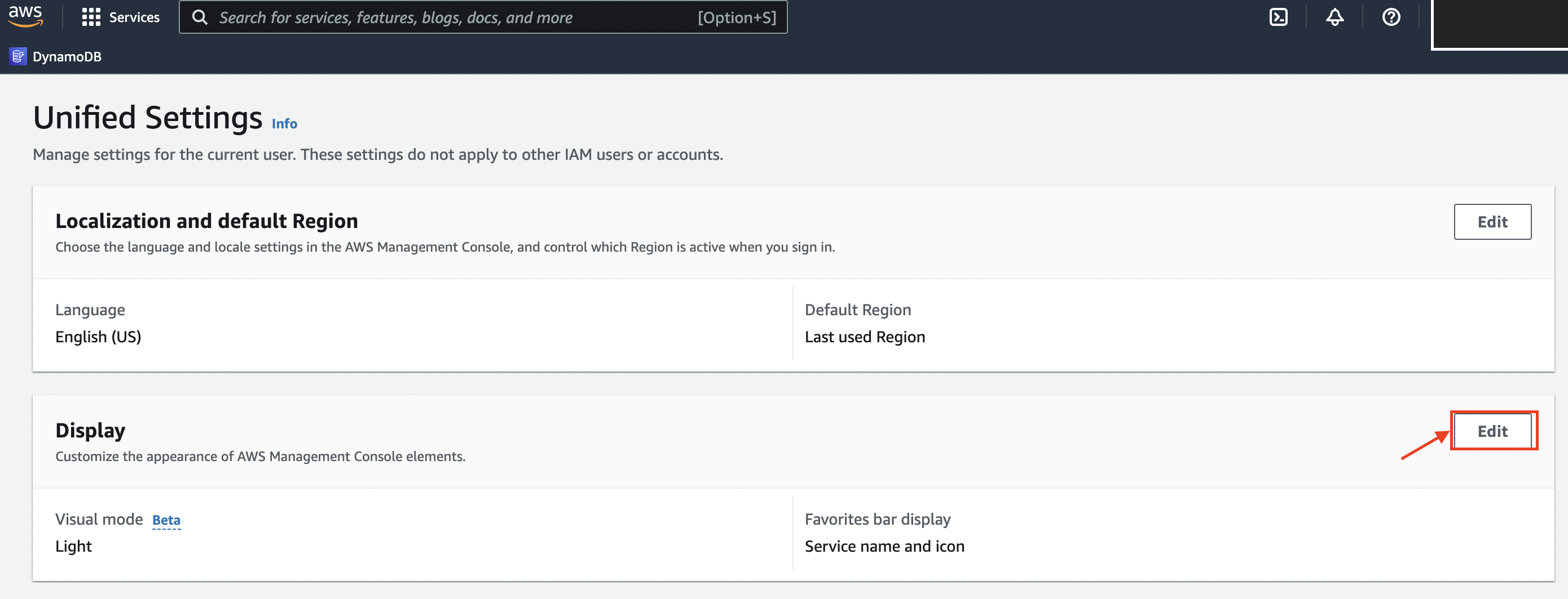 Bước 2 để sử dụng Dark mode trên AWS Console